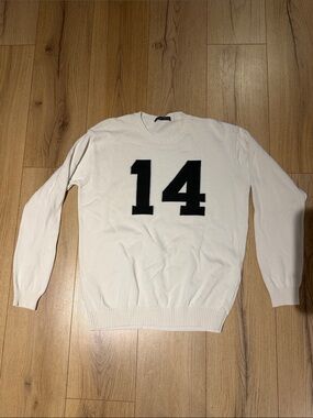 Brandy Melville White Crewneck Sweater with Black '14' Graphic